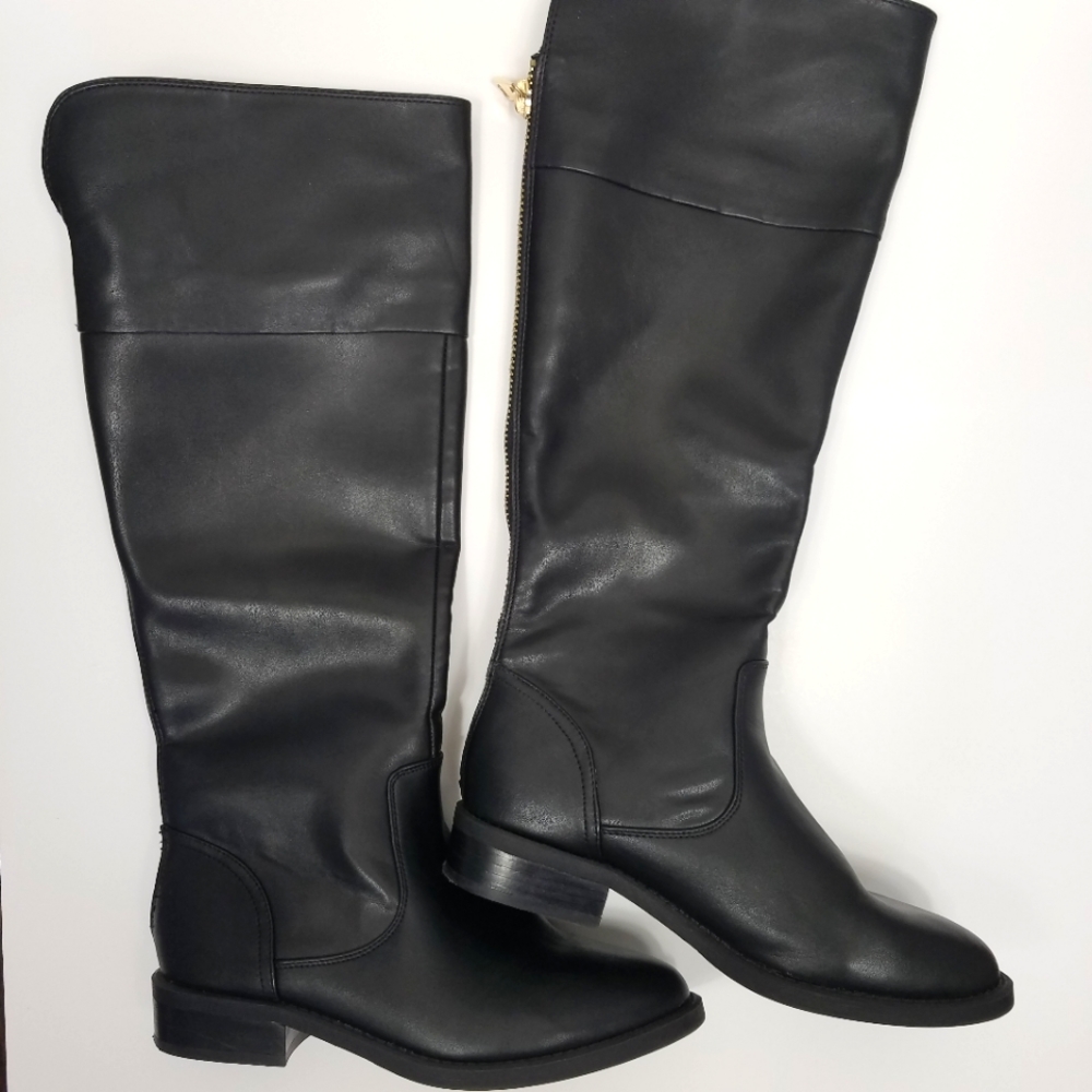 Aldo | black leather tall knee high riding boots gold zipper size …
